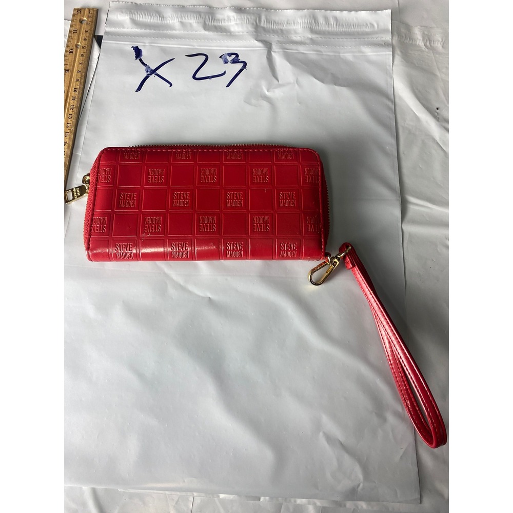 Steve Madden Red Embossed Logo Zip Around Wristlet Wallet Gold Hardware